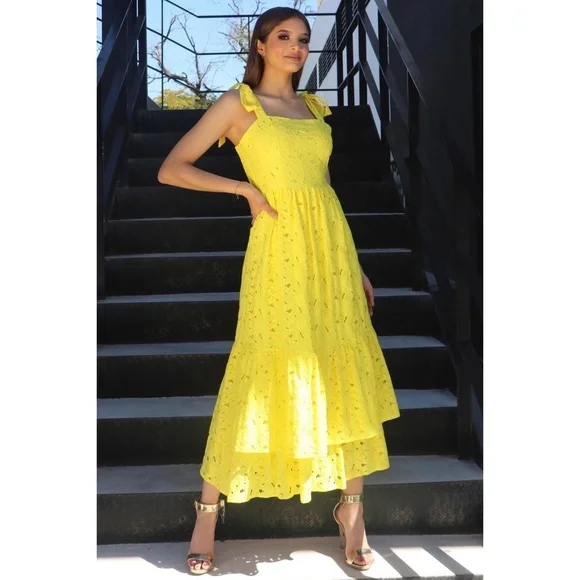 Flying Tomato Yellow Lace Double Ruffle Layer Midi Dress - Picture 8 of 8